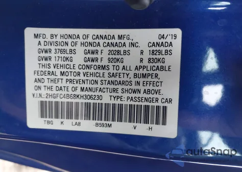 2019 Honda Civic Lx из США, поврежденный, VIN 2HGFC4B68KH306230